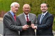 25 May 2015; Forty years after his widely acclaimed victory in the revamped Irish Open Championship at Woodbrook in 1975, Christy O’Connor Jnr was today honoured by the Association of Sports Journalists in Ireland for his outstanding contribution to professional golf in this country. Pictured are Christy O’Connor Jnr, centre, Peter Byrne, President of the Association of Sports Journalists Ireland, left, and Alan Smullen, General Manager, Croke Park Hotel. Croke Park Hotel, Dublin. Picture credit: Ramsey Cardy / SPORTSFILE
