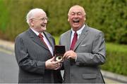 25 May 2015; Forty years after his widely acclaimed victory in the revamped Irish Open Championship at Woodbrook in 1975, Christy O’Connor Jnr was today honoured by the Association of Sports Journalists in Ireland for his outstanding contribution to professional golf in this country. Pictured are Christy O’Connor Jnr, right, and broadcaster and journalist Jimmy 'The Memory Man' Magee. Croke Park Hotel, Dublin. Picture credit: Ramsey Cardy / SPORTSFILE