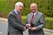 25 May 2015; Forty years after his widely acclaimed victory in the revamped Irish Open Championship at Woodbrook in 1975, Christy O’Connor Jnr was today honoured by the Association of Sports Journalists in Ireland for his outstanding contribution to professional golf in this country. Pictured are Christy O’Connor Jnr, right, and Peter Byrne, President of the Association of Sports Journalists Ireland. Croke Park Hotel, Dublin. Picture credit: Ramsey Cardy / SPORTSFILE