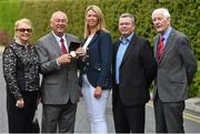 25 May 2015; Forty years after his widely acclaimed victory in the revamped Irish Open Championship at Woodbrook in 1975, Christy O’Connor Jnr was today honoured by the Association of Sports Journalists in Ireland for his outstanding contribution to professional golf in this country. Pictured is Christy O’Connor Jnr, second left, with, from left, wife Ann, daughter Ann Jnr and son Nigel and Peter Byrne, President of the Association of Sports Journalists Ireland. Croke Park Hotel, Dublin. Picture credit: Ramsey Cardy / SPORTSFILE