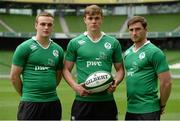 25 May 2015; Ireland players, from left, Nick McCarthy, Garry Ringrose and Billy Dardis at the Ireland U20 Media Event ahead of World Rugby Junior World Cup. Aviva Stadium, Lansdowne Road, Dublin. Picture credit: Piaras Ó Mídheach / SPORTSFILE