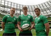 25 May 2015; Ireland players, from left, Nick McCarthy, Garry Ringrose and Billy Dardis at the Ireland U20 Media Event ahead of World Rugby Junior World Cup. Aviva Stadium, Lansdowne Road, Dublin. Picture credit: Piaras Ó Mídheach / SPORTSFILE