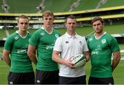 25 May 2015; In attendance at the Ireland U20 Media Event ahead of World Rugby Junior World Cup are, from left, Nick McCarthy, Garry Ringrose, Ireland head coach Nigel Carolan and Billy Dardis. Aviva Stadium, Lansdowne Road, Dublin. Picture credit: Piaras Ó Mídheach / SPORTSFILE