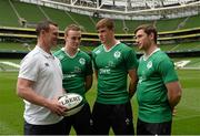 25 May 2015; In attendance at the Ireland U20 Media Event ahead of World Rugby Junior World Cup are, from left, Ireland head coach Nigel Carolan, Nick McCarthy, Garry Ringrose, and Billy Dardis. Aviva Stadium, Lansdowne Road, Dublin. Picture credit: Piaras Ó Mídheach / SPORTSFILE