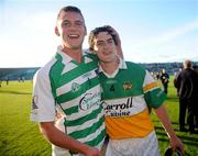 12 July 2008; Offaly players Derek Molloy, left, wearing the Limerick goalkeepers jersey, and Michael Verney celebrate victory. GAA Hurling All-Ireland Senior Championship Qualifier, Round 3, Limerick v Offaly, Gaelic Grounds, Limerick. Picture credit: Ray McManus / SPORTSFILE