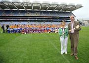14 July 2008; Liz Howard, Uachtaran Chumann Camógaíochta na nGael, and Tom Byrne, Head of Communication Coillte, with over 240 players from Antrim, Carlow, Cavan, Down, Louth, Roscommon, Waterford and Wexford who had the once in a lifetime opportunity to play on the hallowed turf of Croke Park during the Coillte Camogie - U14 Development Squads Blitz Day. Croke Park, Dublin. Picture credit: Stephen McCarthy / SPORTSFILE