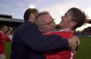 19 July 2000; Shelbourne manager Dermot Keely celebrates with Richie Baker and assistant manager Alan Mathews, left, celebrate following the UEFA Champions League First Qualifying Round Second Leg match between Shelbourne and Sloga Jugomagnat at Tolka Park in Dublin. Photo by David Maher/Sportsfile