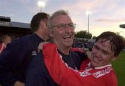 19 July 2000; Shelbourne manager Dermot Keely celebrates with Richie Baker following the UEFA Champions League First Qualifying Round Second Leg match between Shelbourne and Sloga Jugomagnat at Tolka Park in Dublin. Photo by David Maher/Sportsfile