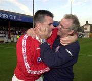 19 July 2000; Shelbourne manager Dermot Keely celebrates with Pat Scully following the UEFA Champions League First Qualifying Round Second Leg match between Shelbourne and Sloga Jugomagnat at Tolka Park in Dublin. Photo by David Maher/Sportsfile