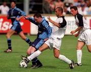 18 June 2000; Mick O'Byrne of UCD in action against Petyr Kolev of Velbazhd Kyustendil during the UEFA Intertoto Cup First Round First Leg match between UCD and Velbazhd Kyustendil at Belfield Park in Dublin. Photo by Ray Lohan/Sportsfile