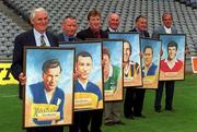 24 July 2000; A new set of stamps which honour the game of hurling and its greatest players goes on sale next week following the announcement today, July 24, of the An Post-GAA Hurling Team of the Millennium. The team was chosen by a panel of experts nominated by the Association. At the launch in Croke Park are, from left, Tony Reddan of Tipperary, Jimmy Doyle of Tipperary, Brian Whelahan of Offaly, Eddie Keher of Kilkenny, John Doyle of Tipperary, and Ray Cummins of Cork. Photo by Gerry Barton/Sportsfile
