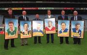 24 July 2000; A new set of stamps which honour the game of hurling and its greatest players goes on sale next week following the announcement today, July 24, of the An Post-GAA Hurling Team of the Millennium. The team was chosen by a panel of experts nominated by the Association. At the launch in Croke Park are, from left, Brian Whelahan of Offaly, Eddie Keher of Kilkenny, Jimmy Doyle of Tipperary, Ray Cummins of Cork, John Doyle of Tipperary and Tony Reddan of Tipperary. Photo by Gerry Barton/Sportsfile