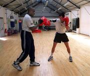 25 July 2000; Michael Roche during a training session with coach Nicolas Cruz, at the IABA High Performance Gym in Dublin, prior to representing Ireland in the men's 71kg boxing event at the 2000 Summer Olympics in Sydney, Australia. Photo by Brendan Moran/Sportsfile