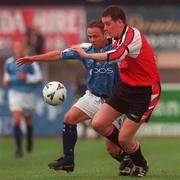 24 July 2000; Paul Dickov of Manchester City in action against Gerry Boyle of Drogheda United during the Pre-Season Friendly match between Drogheda United and Manchester City at United Park in Drogheda, Louth. Photo by David Maher/Sportsfile