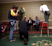 25 July 2000; Kildare manager Mick O'Dwyer and Leitrim manager Joe Reynolds are photographed during a Bank of Ireland Provincial Finals Media Day at the Berkeley Court Hotel in Dublin. Photo by Ray McManus/Sportsfile