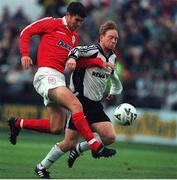 26 July 2000; David Byrne of Shelbourne in action against Bent Skammelsrud of Rosenborg during the UEFA Champions League Second Qualifying Round First Leg match between Shelbourne and Rosenborg at Tolka Park in Dublin. Photo by Brendan Moran/Sportsfile