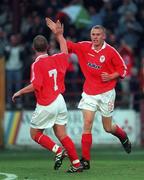 26 July 2000; Shelbourne's Richie Foran, right, celebrates scoring his goal with team-mate Dessie Baker during the UEFA Champions League Second Qualifying Round First Leg match between Shelbourne and Rosenborg at Tolka Park in Dublin. Photo by David Maher/Sportsfile