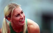29 July 2000; Sarah Reilly after winning the women's 100m event during the Dublin International Games at at Morton Stadium in Santry, Dublin. Photo by Brendan Moran/Sportsfile