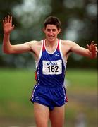 29 July 2000; Arnaud Malherbe of South Africa celebrates winning the men's 400m event during the Dublin International Games at at Morton Stadium in Santry, Dublin. Photo by Brendan Moran/Sportsfile