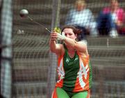 29 July 2000; Nicola Coffey competes in the women's hammer event during the Dublin International Games at at Morton Stadium in Santry, Dublin. Photo by Brendan Moran/Sportsfile