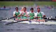 2 August 2000; The Ireland coxless four rowing team, from left, Neal Byrne, Neville Maxwell, Gearoid Towey and Tony O'Connor during a training session at the National Watersport Centre in Nottingham, England, prior to representing Ireland in the men's rowing lightweight coxless fours event at the 2000 Summer Olympics in Sydney, Australia. Photo by Brendan Moran/Sportsfile
