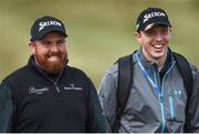 26 May 2015; Shane Lowry, left, shares a joke with Leinster rugby player Darragh Fanning during his practice round. Dubai Duty Free Irish Open Golf Championship 2015, Practice Day 2. Royal County Down Golf Club, Co. Down. Picture credit: Ramsey Cardy / SPORTSFILE