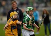 24 May 2015; Emily Hayes, Tineterriffe N.S., Limerick, in action against Patricia Coote, St. Flannan's N.S., Clare, during the half time Primary Go Games. Munster GAA Hurling Senior Championship Quarter-Final, Clare v Limerick. Semple Stadium, Thurles, Co. Tipperary. Picture credit: Dáire Brennan / SPORTSFILE