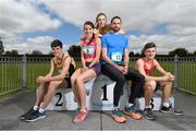 27 May 2015; Athletes, from left, Kevin McGrath, St. Pat's School, Navan, International 800m runner Ciara Everard, Elizabeth Morland, Dunshaughlin CS, International hurdler Ger O'Donnell and Matthew Behan, CUS, Dublin, at a photocall ahead of the GloHealth Irish Schools Track and Field Championships at Tullamore Harriers Stadium, Tullamore, Co. Offaly. Picture credit: Stephen McCarthy / SPORTSFILE