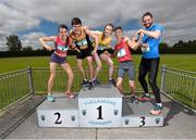 27 May 2015; Athletes, from left, International 800m runner Ciara Everard, Kevin McGrath, St. Pat's School, Navan, Elizabeth Morland, Dunshaughlin CS, Matthew Behan, CUS, Dublin, and International hurdler Ger O'Donnell at a photocall ahead of the GloHealth Irish Schools Track and Field Championships at Tullamore Harriers Stadium, Tullamore, Co. Offaly. Picture credit: Stephen McCarthy / SPORTSFILE