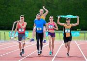 27 May 2015; Athletes, from left, Matthew Behan, CUS, Dublin, International hurdler Ger O'Donnell, Elizabeth Morland, Dunshaughlin CS, International 800m runner Ciara Everard and Kevin McGrath, St. Pat's School, Navan, at a photocall ahead of the GloHealth Irish Schools Track and Field Championships at Tullamore Harriers Stadium, Tullamore, Co. Offaly. Picture credit: Stephen McCarthy / SPORTSFILE