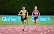 27 May 2015; Kevin McGrath, St. Pat's School, Navan, is put through his paces by International 800m runner Ciara Everard ahead of the GloHealth Irish Schools Track and Field Championships at Tullamore Harriers Stadium, Tullamore, Co. Offaly. Picture credit: Stephen McCarthy / SPORTSFILE