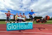 27 May 2015; Athletes, from left, Matthew Behan, CUS, Dublin, Elizabeth Morland, Dunshaughlin CS, International 800m runner Ciara Everard, Kevin McGrath, St. Pat's School, Navan, and International hurdler Ger O'Donnell at a photocall ahead of the GloHealth Irish Schools Track and Field Championships at Tullamore Harriers Stadium, Tullamore, Co. Offaly. Picture credit: Stephen McCarthy / SPORTSFILE