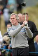27 May 2015; Pat Jennings, former Spurs, Arsenal and Northern Ireland goalkeeper, plays his tee shot from the 2nd tee. Dubai Duty Free Irish Open Golf Championship 2015, Pro-Am. Royal County Down Golf Club, Co. Down. Picture credit: Oliver McVeigh / SPORTSFILE