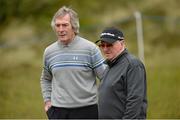 27 May 2015; Pat Jennings, former Spurs, Arsenal and Northern Ireland goalkeeper, and former snooker player Denis Taylor on the 1st green. Dubai Duty Free Irish Open Golf Championship 2015, Pro-Am. Royal County Down Golf Club, Co. Down. Picture credit: Oliver McVeigh / SPORTSFILE