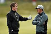 27 May 2015; Former jockey A.P McCoy speaks with Rickie Fowler during their round. Dubai Duty Free Irish Open Golf Championship 2015, Pro-Am. Royal County Down Golf Club, Co. Down. Picture credit: Ramsey Cardy / SPORTSFILE