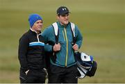 27 May 2015; Michael McGinley, left, brother of golfer Paul McGinley, along with his caddie for the day Michael Murphy, Donegal GAA captain, on the 18th hole. Dubai Duty Free Irish Open Golf Championship 2015, Pro-Am. Royal County Down Golf Club, Co. Down. Picture credit: Oliver McVeigh / SPORTSFILE