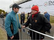 27 May 2015; Donegal GAA captain Michael Murphy, left, speaking with former Down GAA star Sean O'Neill. Dubai Duty Free Irish Open Golf Championship 2015, Pro-Am. Royal County Down Golf Club, Co. Down. Picture credit: Oliver McVeigh / SPORTSFILE