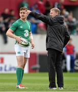 28 May 2015; Ireland head coach Joe Schmidt in conversation with Paddy Jackson before the game. International Rugby Friendly, Ireland v Barbarians. Thomond Park, Limerick. Picture credit: Diarmuid Greene / SPORTSFILE