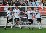 17 July 2008; Janne Mahlakaarto, FC Haka, right, celebrates after scoring his side's opening goal with team-mates, from left, Mikko Manninen, Cheyne Fowler and Toni Lehtinen. UEFA Cup First Qualifying Round, 1st Leg, Cork City v FC Haka, Turners Cross, Cork. Picture credit: Stephen McCarthy / SPORTSFILE *** Local Caption *** 9, 20, 11