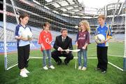 16 July 2008; AIB are supporting GAA clubs around the country by donating portable goalposts to all clubs who are taking part in the 'Play and Stay with the GAA' Go Games Blitz Initiative. The initiative is designed to increase participation and improve playing standards in young players. Pictured at Croke Park to publicise the scheme are AIB Executive Billy Finn with Sean Gleeson, Dublin, Lara Burke, Cork, Siofra Mooney, Galway, and Liam Lupton Smyth, Wicklow. Croke Park, Dublin. Picture credit: Ray McManus / SPORTSFILE