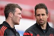 26 May 2015; Munster's Andrew Smith, right, and Peter O'Mahony in conversation as they sit out squad training. Thomond Park, Limerick. Picture credit: Diarmuid Greene / SPORTSFILE