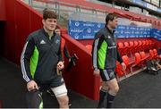 26 May 2015; Munster's Jack O'Donoghue, left, and Denis Hurley make their way out for squad training. Thomond Park, Limerick. Picture credit: Diarmuid Greene / SPORTSFILE