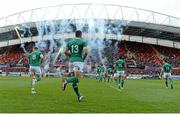 28 May 2015; Ireland players including Colm O'Shea, number 13, make their way out for the start of the game. International Rugby Friendly, Ireland v Barbarians. Thomond Park, Limerick. Picture credit: Diarmuid Greene / SPORTSFILE