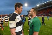 28 May 2015; Nathan Hines, Barbarians, and Dave Kearney, Ireland, in conversation after the game. International Rugby Friendly, Ireland v Barbarians. Thomond Park, Limerick. Picture credit: Diarmuid Greene / SPORTSFILE