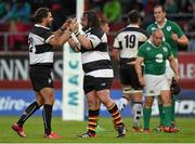 28 May 2015; Wynand Olivier, left, and Adam Jones, Barbarians, celebrate after victory over Ireland. International Rugby Friendly, Ireland v Barbarians. Thomond Park, Limerick. Picture credit: Diarmuid Greene / SPORTSFILE