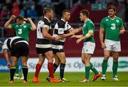 28 May 2015; Zane Kirchner, Barbarians, and Paddy Jackson, Ireland, exchange a handshake after the game. International Rugby Friendly, Ireland v Barbarians. Thomond Park, Limerick. Picture credit: Diarmuid Greene / SPORTSFILE