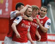29 May 2015; St Patrick's Athletic's Conan Byrne, centre, celebrates after scoring his side's first goal with team-mates Chris Forrester and Christy Fagan. Irish Daily Mail FAI Senior Cup, Second Round, St Patrick's Athletic v Shamrock Rovers. Richmond Park, Dublin. Picture credit: David Maher / SPORTSFILE