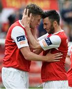 29 May 2015; St Patrick's Athletic's Jason McGuinness, left, celebrates after scoring his side's second goal with team-mate Killian Brennan. Irish Daily Mail FAI Senior Cup, Second Round, St Patrick's Athletic v Shamrock Rovers. Richmond Park, Dublin. Picture credit: David Maher / SPORTSFILE