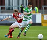 29 May 2015; Keith Fahey, Shamrock Rovers, in action against Chris Forrester, St Patrick's Athletic. Irish Daily Mail FAI Senior Cup, Second Round, St Patrick's Athletic v Shamrock Rovers. Richmond Park, Dublin. Picture credit: David Maher / SPORTSFILE