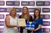 29 May 2015; Donna English, Cavan, centre, is presented with her TESCO Team of the League award for Division 2 by Marie Hickey, LGFA President, left, and Lynn Moynihan, Tesco Marketing Manager. TESCO Team of the League, Croke Park, Dublin. Picture credit: Piaras Ó Mídheach / SPORTSFILE